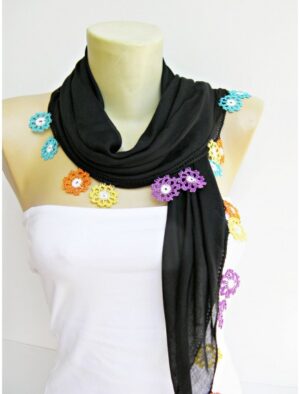ChoosePick Crochet Handmade Black Necklace Scarfs Silk Scarflette/Dupatta for Women